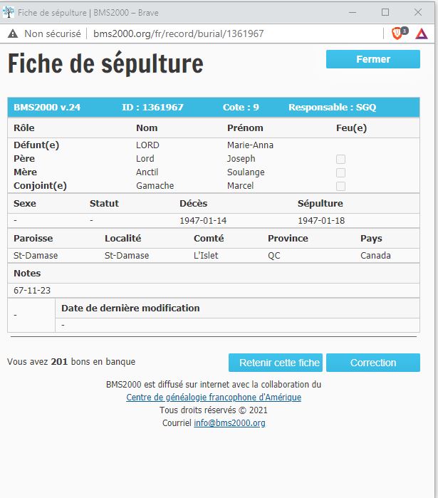 Fiche de sépulture de la base de données BMS2000