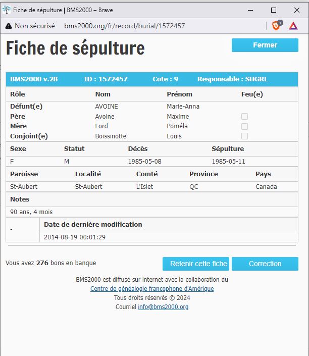 Fiche de sépulture de la base de données BMS2000