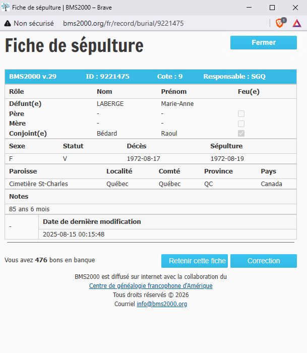Fiche de sépulture de la base de données BMS2000