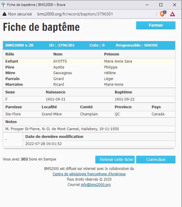 Fiche de baptême de la base de données BMS2000