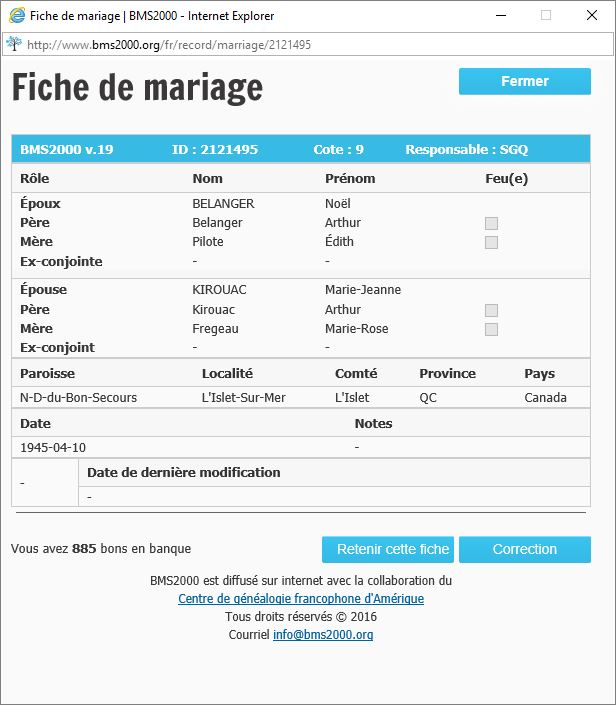 Fiche de mariage de la base de données BMS2000