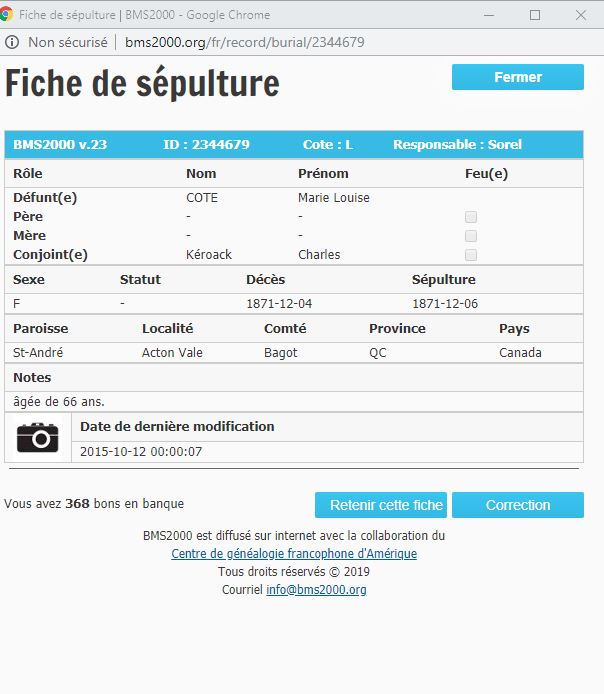 Fiche de sépulture de la base de données BMS2000