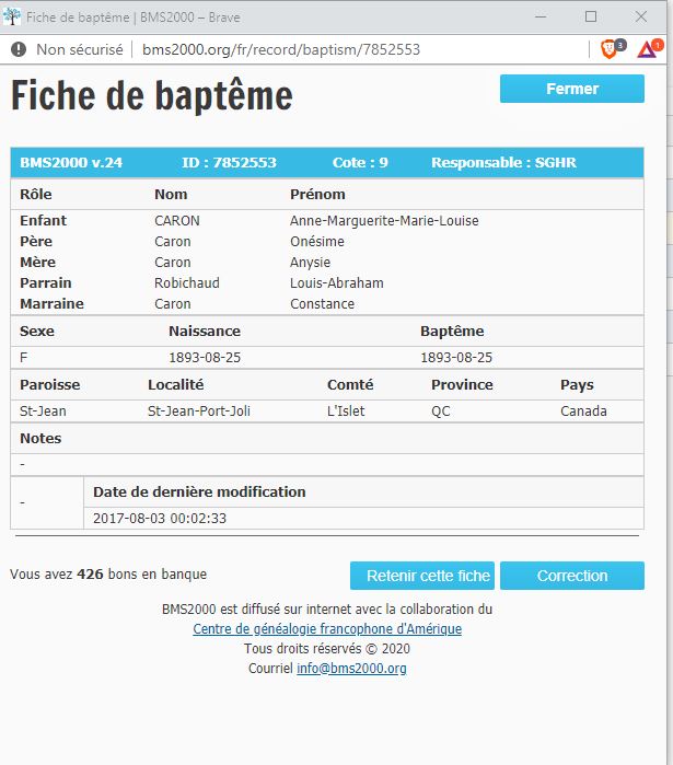 Fiche de baptême de la base de données BMS2000