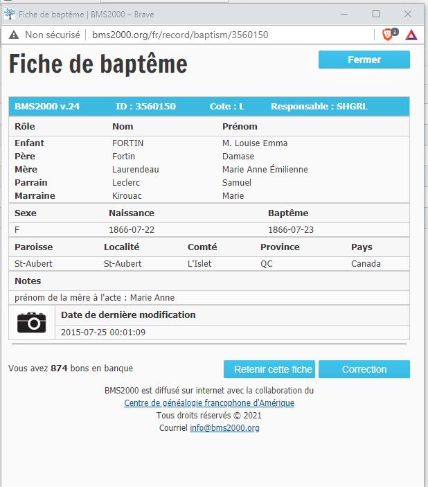 Fiche de baptême de la base de données BMS2000