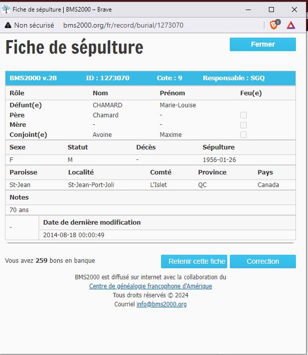 Fiche de sépulture de la base de données BMS2000