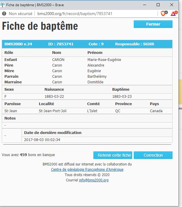 Fiche de baptême de la base de données BMS2000