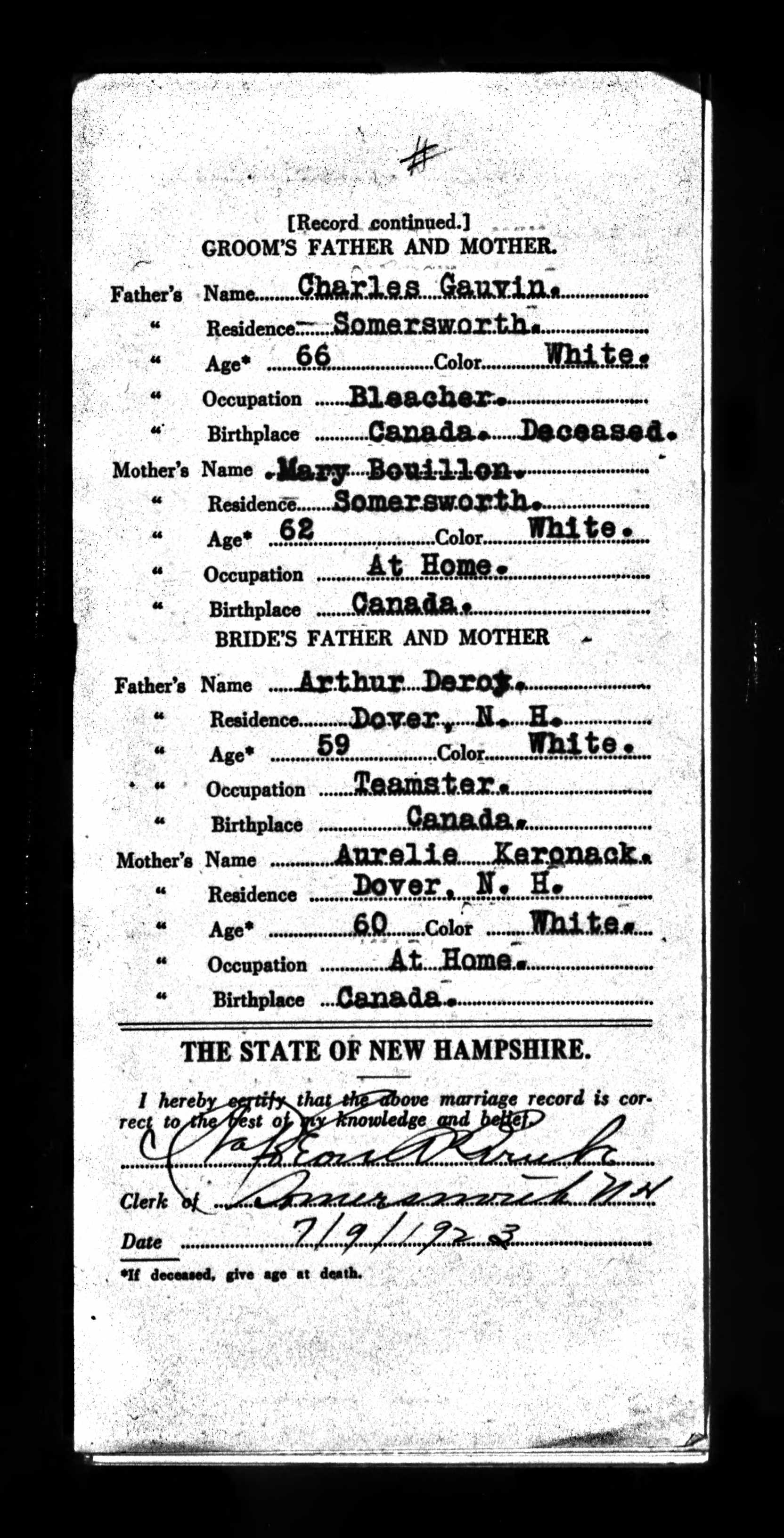 Enregistrement du mariage, verso Enregistrement du mariage, verso