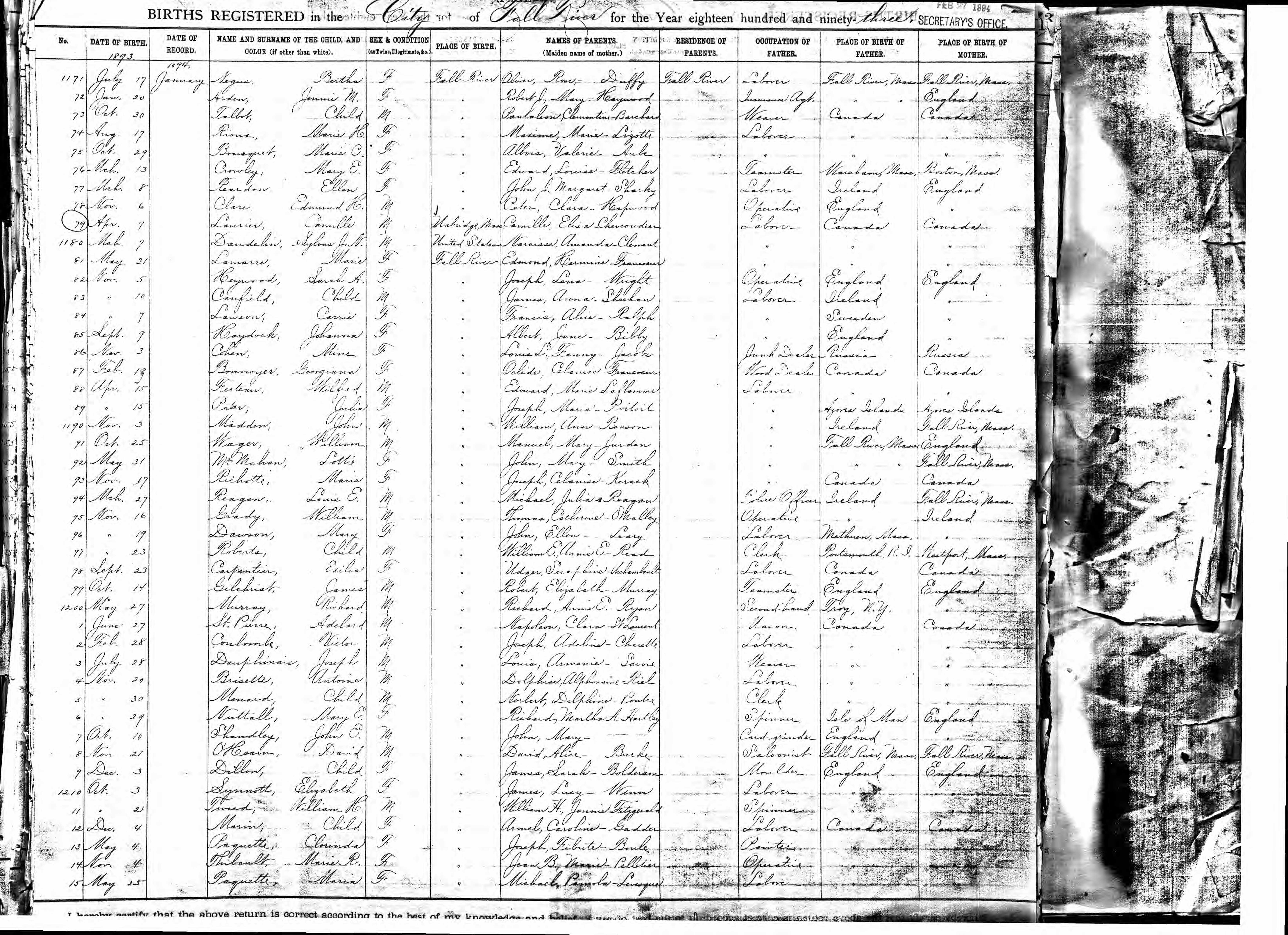 Enregistrement de la naissance Enregistrement de la naissance