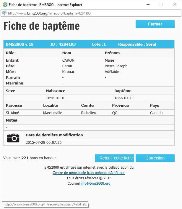 Fiche de baptême de la base de données BMS2000