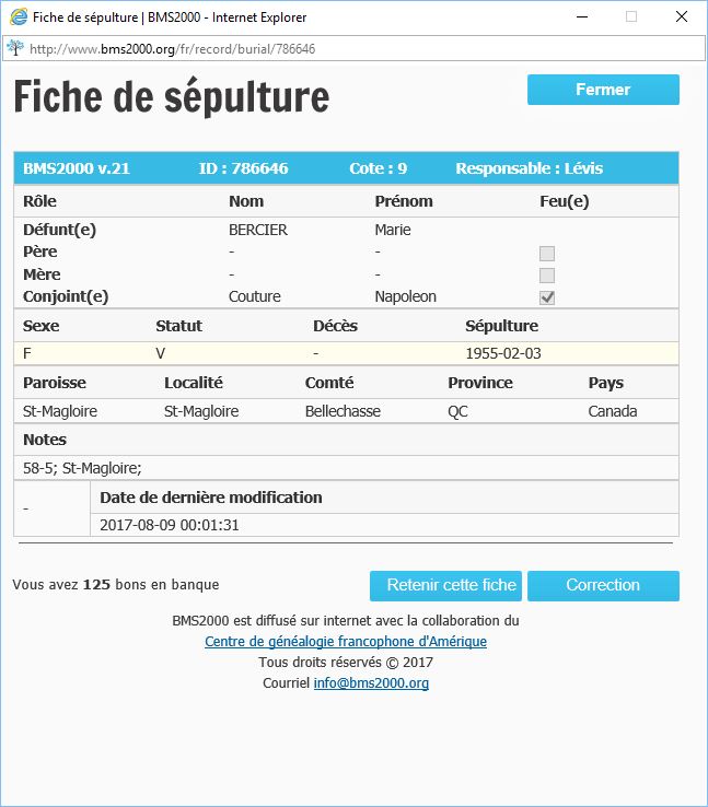 Fiche de sépulture de la base de données BMS2000 Fiche de sépulture de la base de données BMS2000