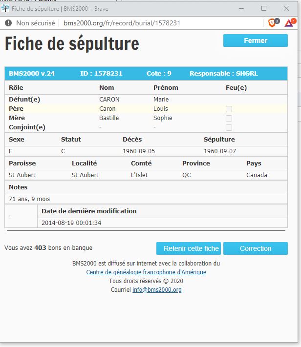 Fiche de sépulture de la base de données BMS2000
