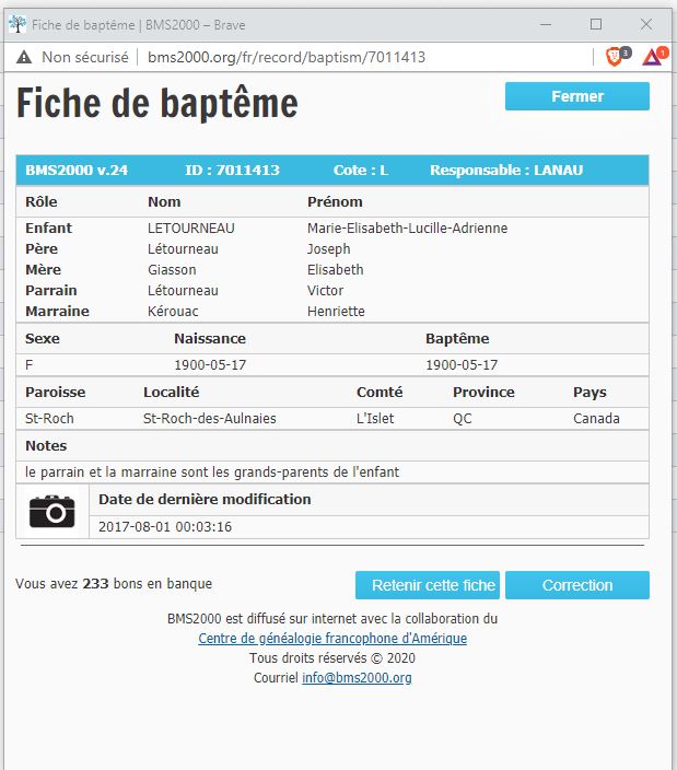 Fiche de baptême de la base de données BMS2000