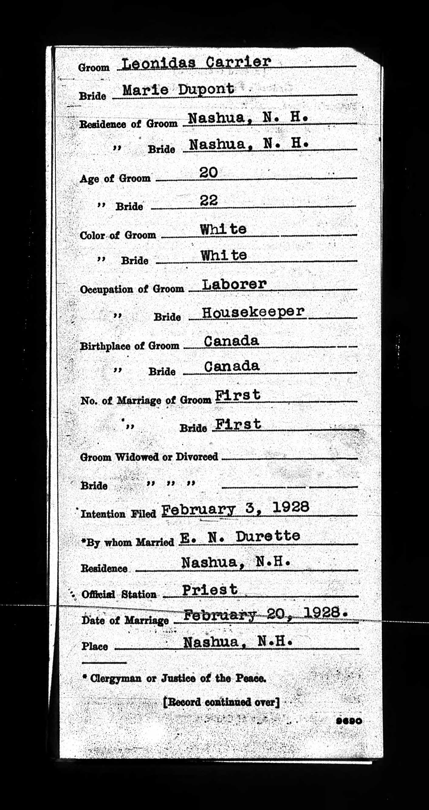 Enregistrement du mariage, recto