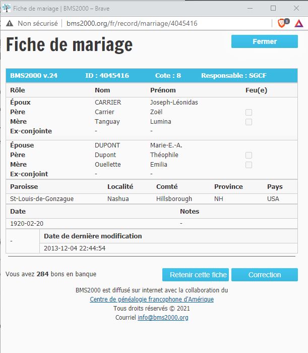 Fiche de mariage de la base de données BMS2000