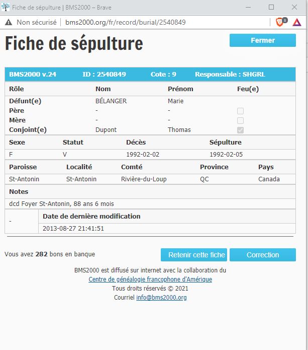 Fiche de sépulture de la base de données BMS2000