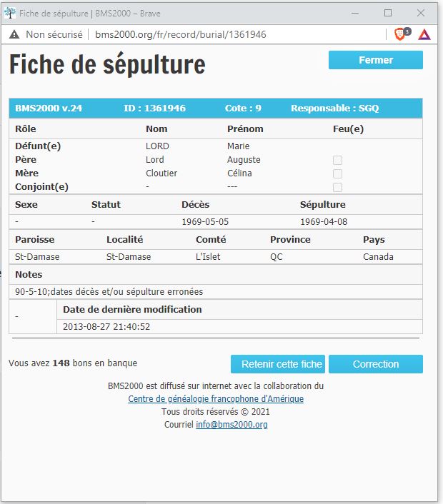 Fiche de sépulture de la base de données BMS2000
