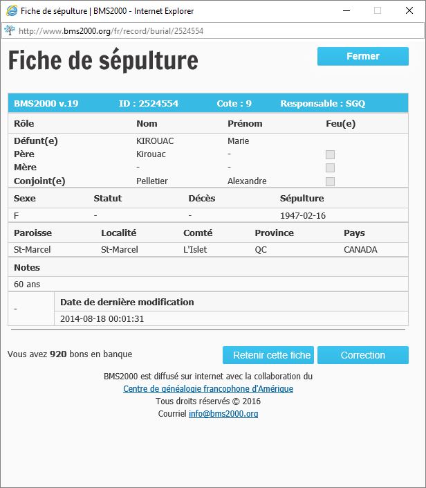 Fiche de sépulture de la base de données BMS2000