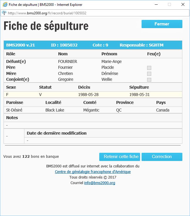 Fiche de sépulture de la base de données BMS2000