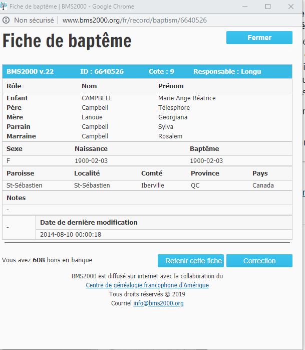 Fiche de baptême de la base de données BMS2000