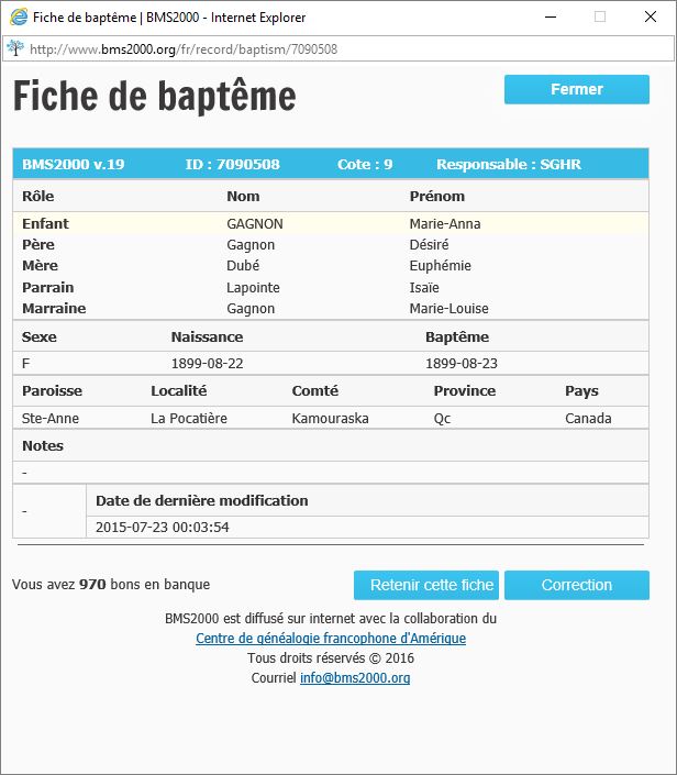 Fiche de baptême de la base de données BMS2000
