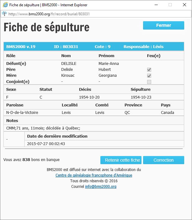 Fiche de sépulture de la base de données BMS2000