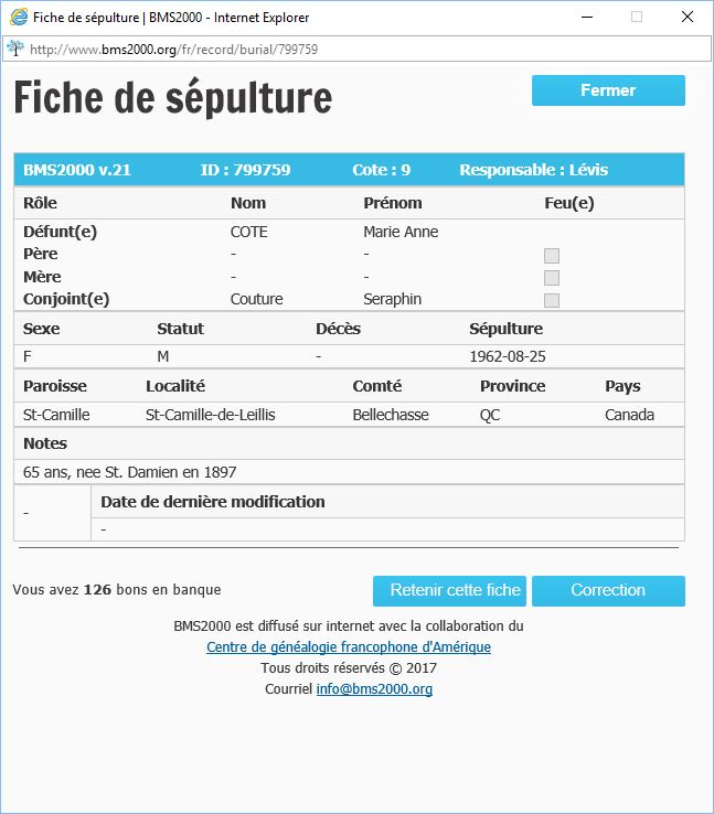 Fiche de sépulture de la base de données BMS2000