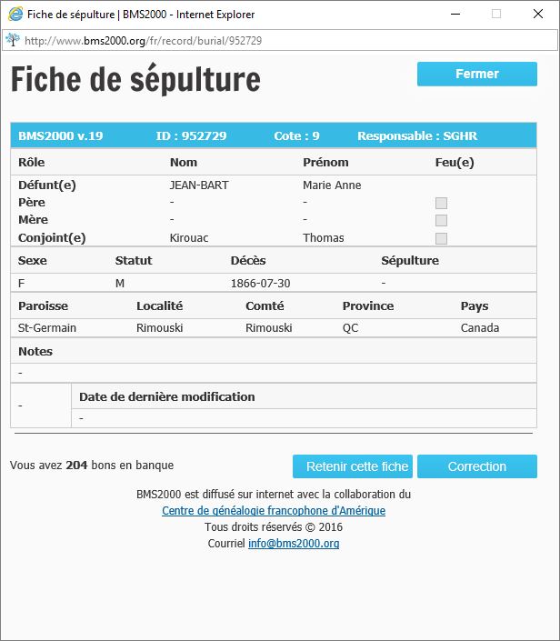 Fiche de sépulture de la base de données BMS2000 Fiche de sépulture de la base de données BMS2000