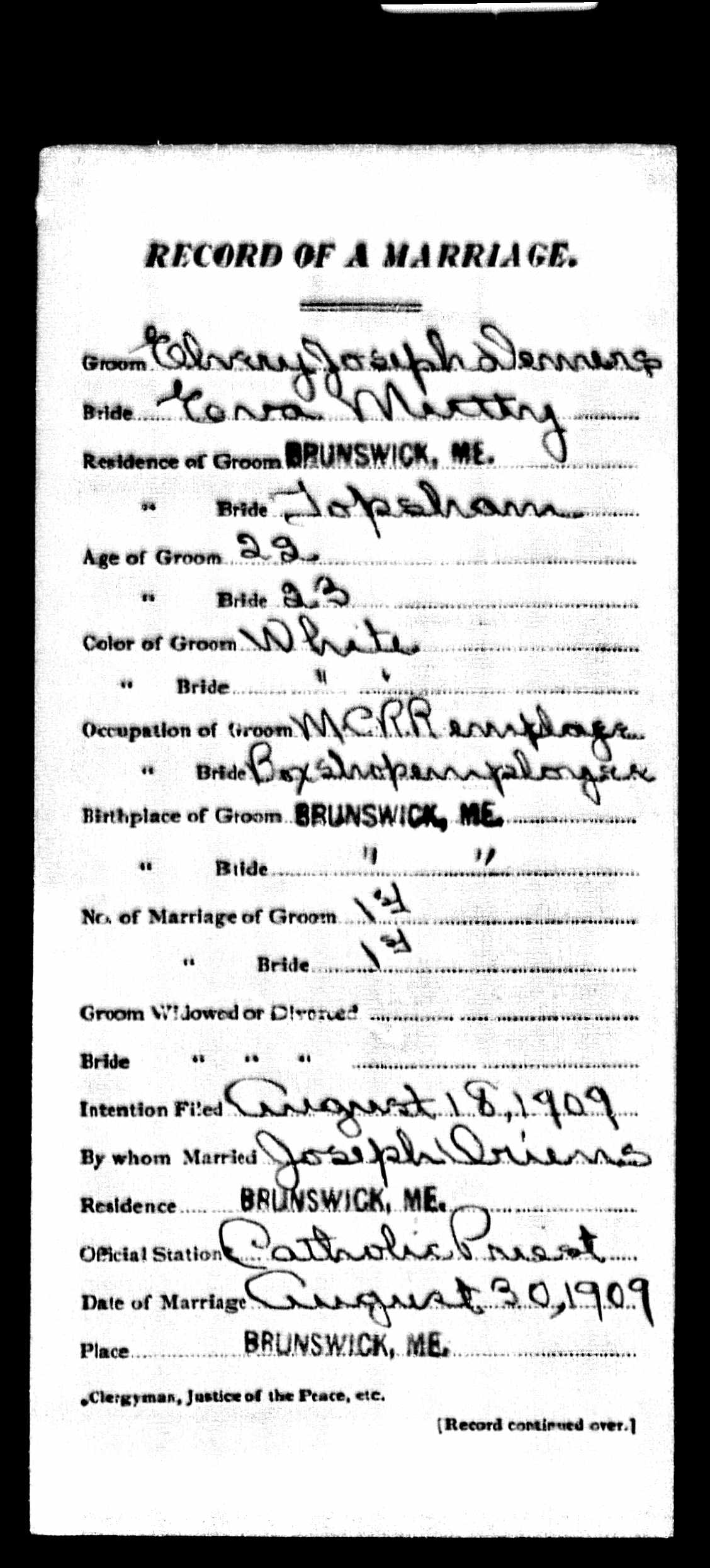 Enregistrement du mariage, recto