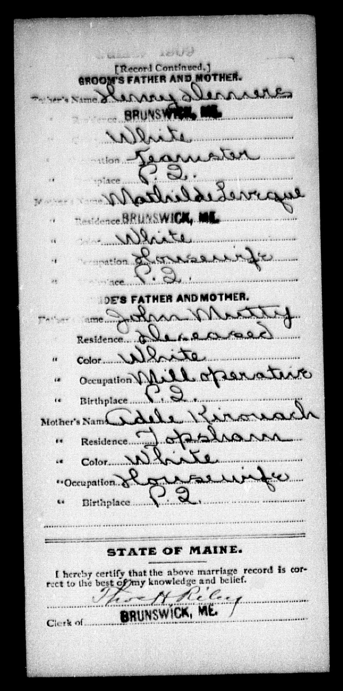 Enregistrement du mariage, verso