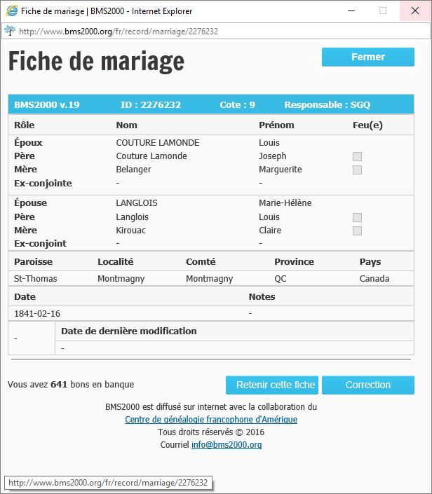Fiche de mariage de la base de données BMS2000