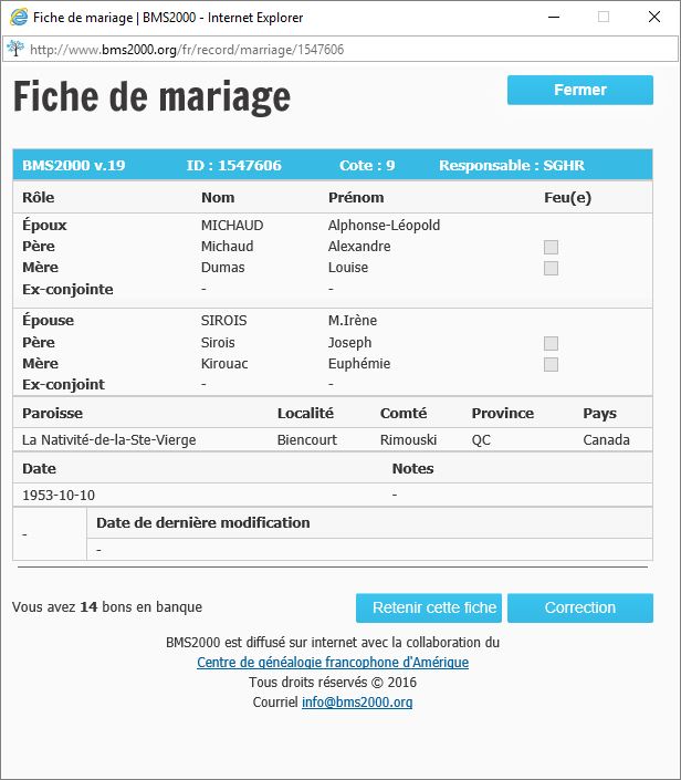 Fiche de mariage de la base de données BMS2000