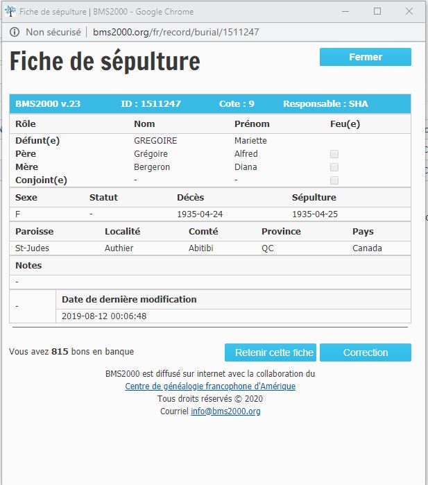 Fiche de sépulture de la base de données BMS2000