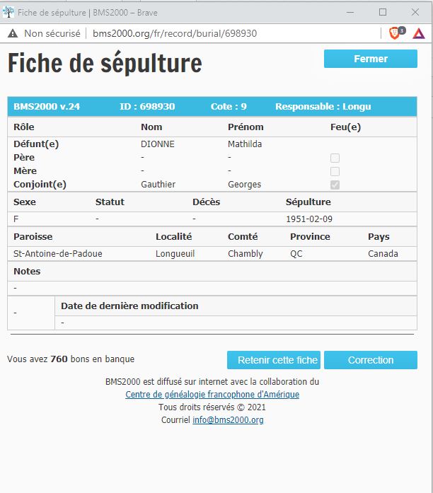 Fiche de sépulture de la base de données BMS2000