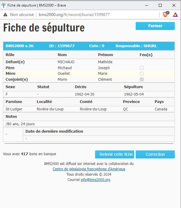 Fiche de sépulture de la base de données BMS2000