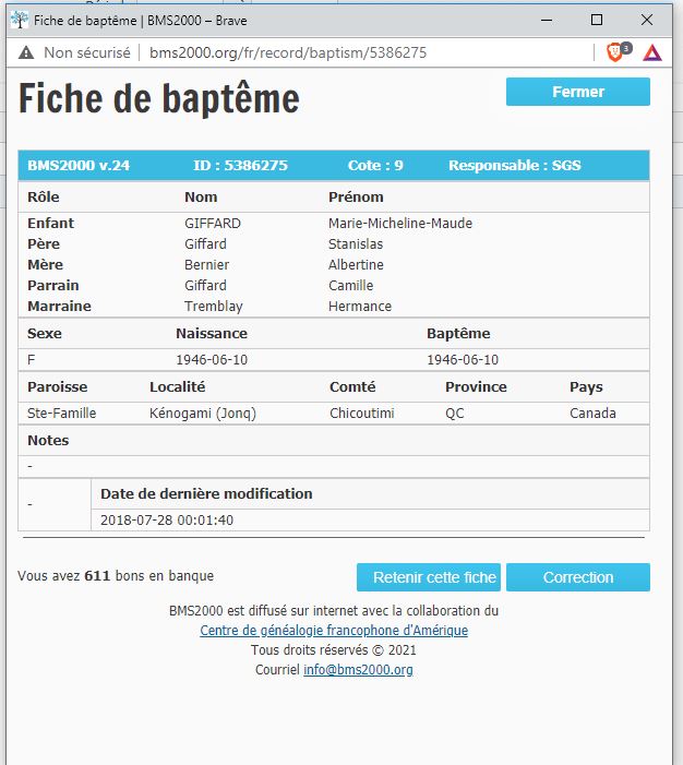 Fiche de baptême de la base de données BMS2000
