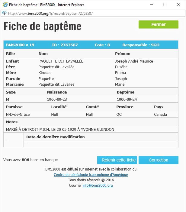 Fiche de baptême de la base de données BMS2000