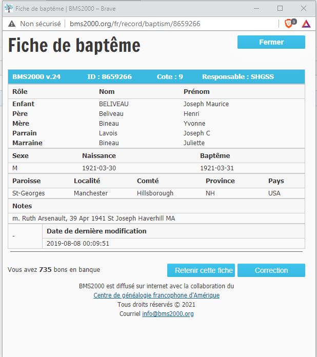 Fiche de baptême de la base de données BMS2000
