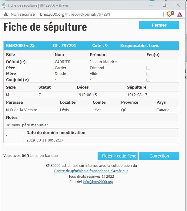Fiche de sépulture de la base de données BMS2000