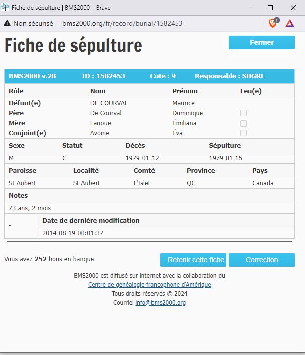 Fiche de sépulture de la base de données BMS2000