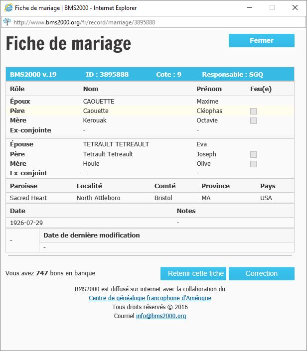 Fiche de mariage de la base de données BMS2000 Fiche de mariage de la base de données BMS2000