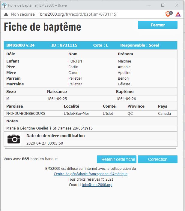 Fiche de baptême de la base de données BMS2000 Fiche de baptême de la base de données BMS2000