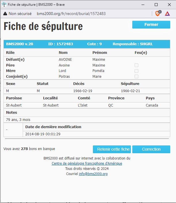 Fiche de sépulture de la base de données BMS2000