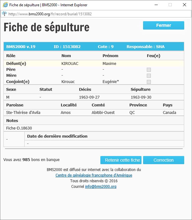 Fiche de sépulture de la base de données BMS2000