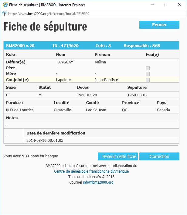 Fiche de sépulture de la base de données BMS2000