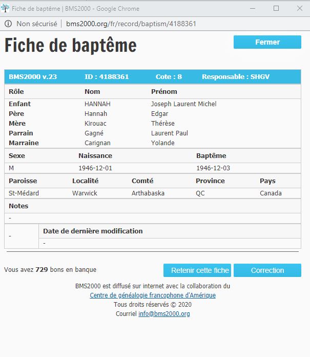 Fiche de baptême de la base de données BMS2000