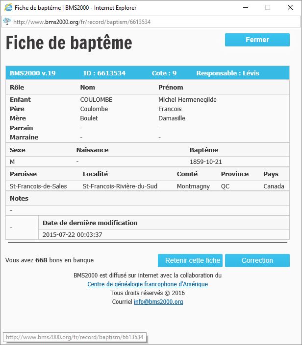 Fiche de baptême de la base de données BMS2000