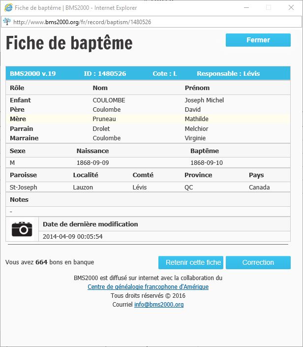 Fiche de baptême de la base de données BMS2000