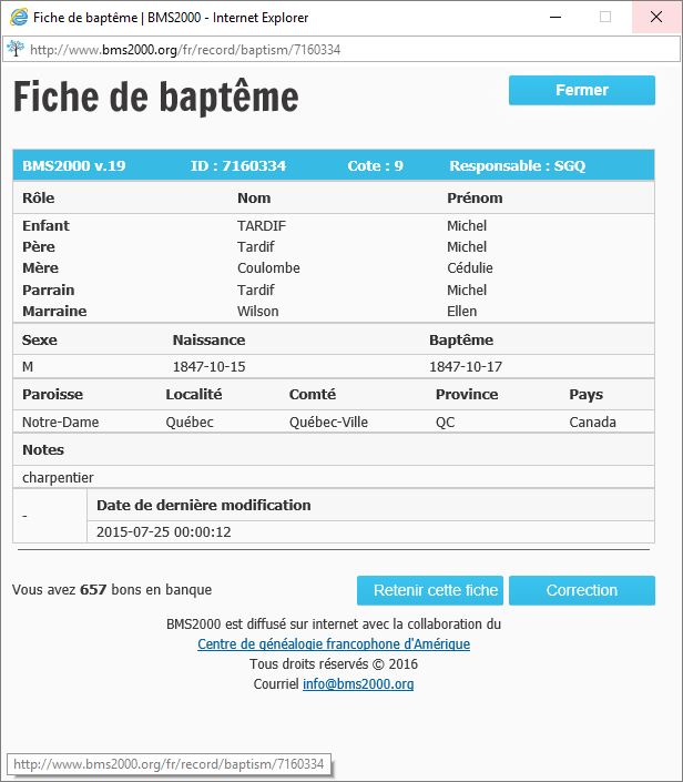 Fiche de baptême de la base de données BMS2000 Fiche de baptême de la base de données BMS2000