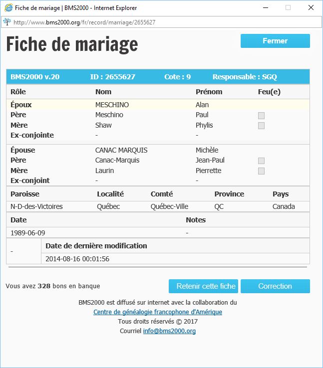 Fiche de mariage de la base de données BMS2000 Fiche de mariage de la base de données BMS2000