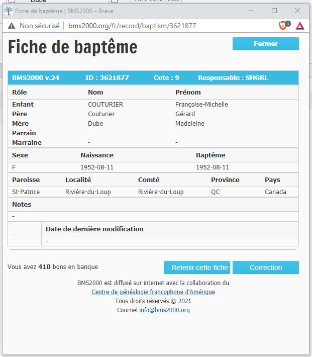 Fiche de baptême de la base de données BMS2000